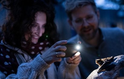 Eine Frau beleuchtet mit dem Licht ihres Handys ein Fledermaus-Exponat im Spreepark